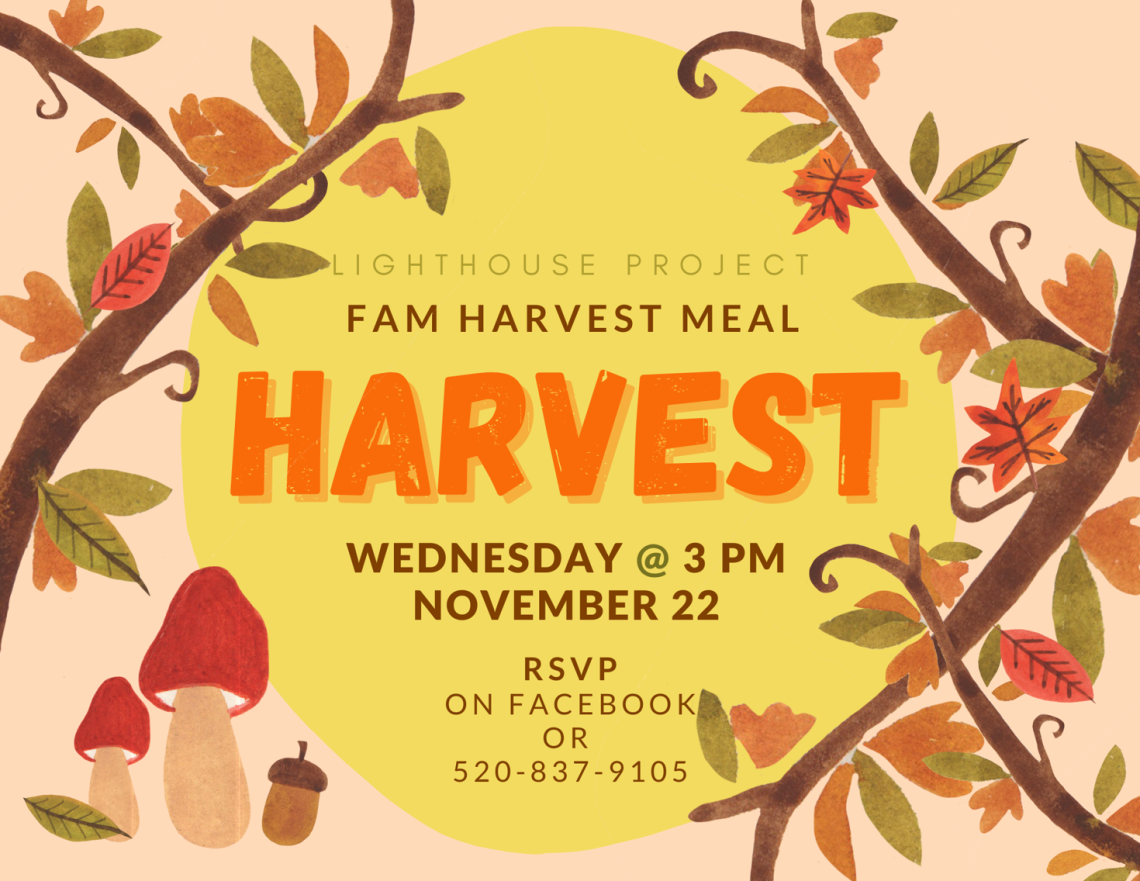 pink background with fall leaves on trees. Text reads "Fam harvest meal. Wednesday, November 22nd at 3pm. RSVP on Facebook or 520-837-9105"