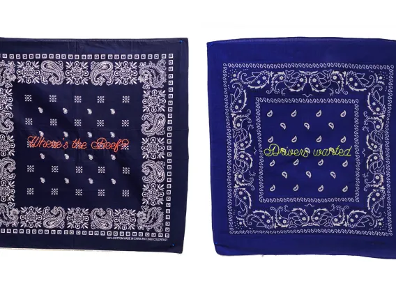 Hand embroidery on navy blue bandana