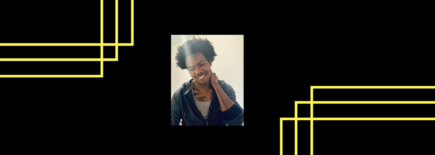 Black background, yellow overlaying rectangles, and a photo of Marquis Bey